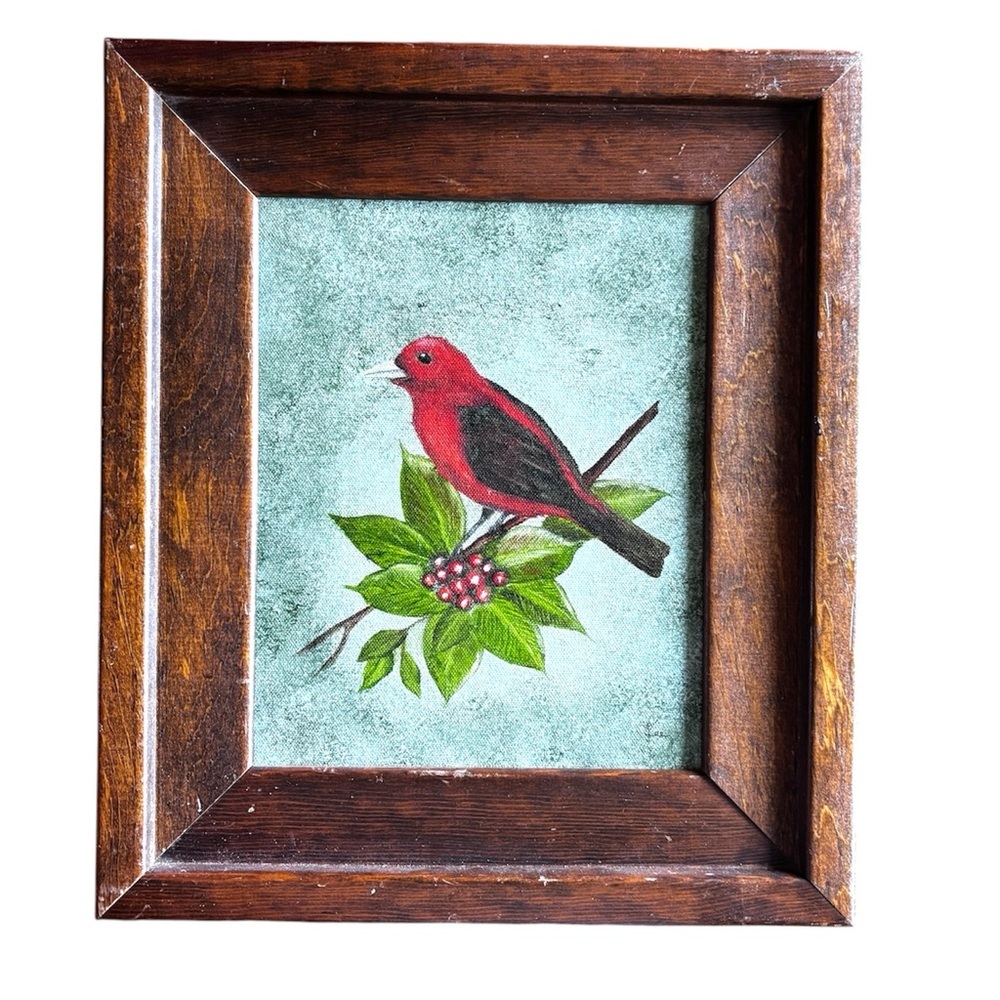 Red cardinal framed art signed by “Lee” wood frame painting red Vtg nature